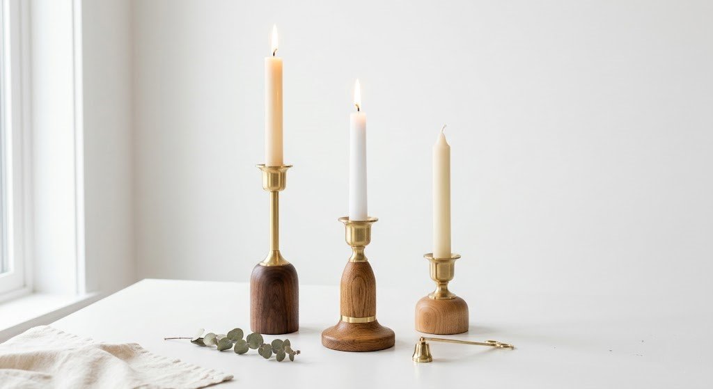 Elite Brass-Top Wooden Taper Holders